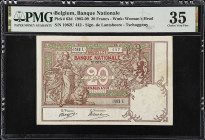 BELGIUM. Banque Nationale. 20 Francs, 1905-09. P-62d. PMG Choice Very Fine 35.
Signature combination of Lantsheere - Tschaggeny. Watermark of woman's...