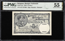 BELGIUM. Lot of (2). Banque Nationale de Belgique. 5 Francs, 1926 & 1938. P-97a & 108a. PMG About Uncirculated 55 & Choice About Uncirculated 58 EPQ....