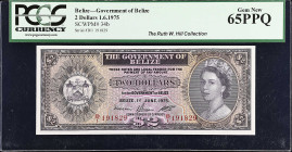 BELIZE. Government of Belize. 2 Dollars, 1975. P-34b. PCGS Currency Gem New 65 PPQ.
Ex. Ruth W. Hill Collection.
From the Scott Lindquist Collection...