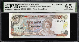 BELIZE. Central Bank of Belize. 20 Dollars, 1986. P-49as. Specimen. PMG Gem Uncirculated 65 EPQ.

Estimate: $400.00- $600.00