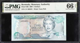 BERMUDA. Bermuda Monetary Authority. 2 Dollars, 2007. P-50b. PMG Gem Uncirculated 66 EPQ.
A scarcer 2007 issue, GEM66 example from Bermuda. 1 of only...