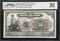 BOLIVIA. El Banco de la Nacion Boliviana. 50 Bolivianos, 1911. P-110. PMG Choice Very Fine 35.
PMG comments "Small Tears".

Estimate: $225.00- $375...
