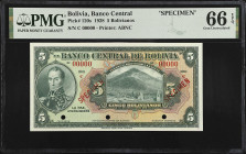BOLIVIA. El Banco Central de Bolivia. 5 Bolivianos, 1928. P-120s. Specimen. PMG Gem Uncirculated 66 EPQ.

Estimate: $75.00- $150.00