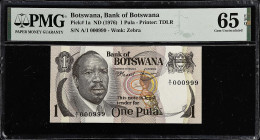 BOTSWANA. Lot of (2). Bank of Botswana. 1 Pula, ND (1976). P-1a. Consecutive. PMG Gem Uncirculated 65 EPQ.

Estimate: $50.00- $75.00