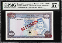 BRUNEI. Government of Brunei. 100 Ringgit, 1988. P-10cs. KNB10s. Specimen. PMG Superb Gem Uncirculated 67 EPQ.

Estimate: $500.00- $800.00