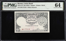 BURMA. Lot of (3). Union Bank of Burma. Mixed Denominations, 1953 & 1958. P-38, 50a, & 51a. PMG Choice Uncirculated 63 EPQ & 64.
PMG comments "Staple...