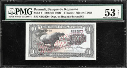 BURUNDI. Banque d'Emission du Rwanda et du Burundi. 10 Francs, 1960 (ND 1964). P-2. PMG About Uncirculated 53 EPQ.
Deep embossing is found on this fu...
