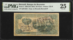 BURUNDI. Banque du Royaume du Burundi. 20 Francs, 1960 (ND 1964). P-3. PMG Very Fine 25.
PMG comments "Stained."

Estimate: $75.00- $150.00