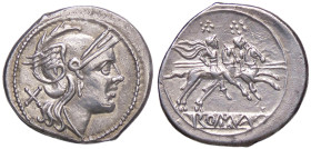 ROMANE REPUBBLICANE - ANONIME - Monete senza simboli (dopo 211 a.C.) - Denario B. manca; Cr. 44/5 (AG g. 4,39) 
qSPL