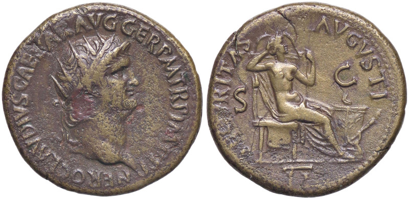 ROMANE IMPERIALI - Nerone (54-68) - Dupondio C. 322 (AE g. 15,13) Con cartellino...