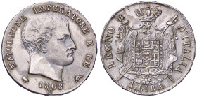 ZECCHE ITALIANE - MILANO - Napoleone I, Re d'Italia (1805-1814) - Lira 1808 Pag. 41; Mont. 251 RR AG Contorno in rilievo - Contorno in rilievo - 
BB+...