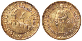ZECCHE ITALIANE - SAN MARINO - Vecchia monetazione - 20 Lire 1925 Pag. 341; Mont. 14 RR (AU g. 6,46) 
FDC