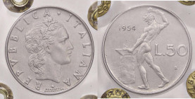 REPUBBLICA ITALIANA - Repubblica Italiana (monetazione in lire) (1946-2001) - 50 Lire 1954 Mont. 7 AC Sigillata Giovanni Gaudenzi con la nota "eccezio...