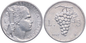 REPUBBLICA ITALIANA - Repubblica Italiana (monetazione in lire) (1946-2001) - 5 Lire 1947 Mont. 4 RRR IT 
SPL+