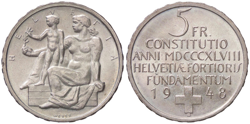 ESTERE - SVIZZERA - Confederazione - 5 Franchi 1948 - Centenario Costituzione Kr...