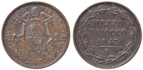ZECCHE ITALIANE - BOLOGNA - Pio IX (1846-1866) - Mezzo baiocco 1847 A. II Pag. 255a; Mont. 50 R CU 
BB+/qSPL