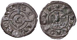ZECCHE ITALIANE - BRINDISI - Corrado II (1254-1258) - Denaro MIR 314 RRR (MI g. 0,71) Frattura ricomposta - Cartellino Gino Marchesi 1982 - Frattura r...