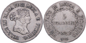 ZECCHE ITALIANE - LUCCA - Elisa Bonaparte e Felice Baciocchi (1805-1814) - 5 Franchi 1805 Mont. 432 R AG Busti medi Abilmente lavata - Busti medi - Ab...
