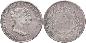 ZECCHE ITALIANE - LUCCA - Elisa Bonaparte e Felice Baciocchi (1805-1814) - 5 Franchi 1807 Pag. 253; Mont. 437 R AG 
MB-BB