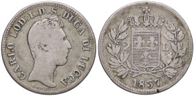 ZECCHE ITALIANE - LUCCA - Carlo Ludovico di Borbone (1824-1847) - 2 Lire 1837 Pag. 261; Mont. 446 R AG 
MB