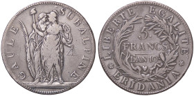 ZECCHE ITALIANE - TORINO - Repubblica Subalpina (1800-1802) - 5 Franchi AN 10 Pag. 6; Mont. 10 R AG 
MB+/qBB