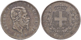 SAVOIA - Vittorio Emanuele II Re d'Italia (1861-1878) - 5 Lire 1865 T Pag. 487; Mont. 167 R AG 
qBB
