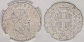 SAVOIA - Vittorio Emanuele II Re d'Italia (1861-1878) - 5 Lire 1874 M Pag. 498; Mont. 182 AG Sigillata Classical Coin Grading AU55 - Sigillata Classic...