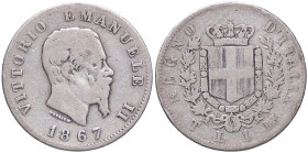 SAVOIA - Vittorio Emanuele II Re d'Italia (1861-1878) - Lira 1867 T Stemma Pag. 519; Mont. 205 RR AG 
MB