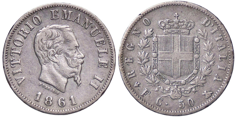 SAVOIA - Vittorio Emanuele II Re d'Italia (1861-1878) - 50 Centesimi 1861 F Stem...