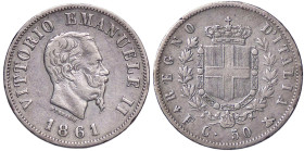 SAVOIA - Vittorio Emanuele II Re d'Italia (1861-1878) - 50 Centesimi 1861 F Stemma Pag. 520; Mont. 211 RR AG 
BB
