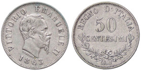 SAVOIA - Vittorio Emanuele II Re d'Italia (1861-1878) - 50 Centesimi 1863 M Valore Pag. 527; Mont. 217 AG 
BB+