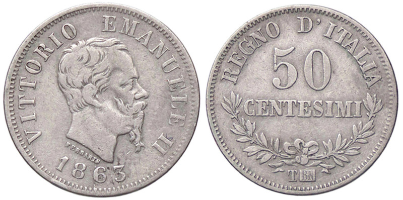 SAVOIA - Vittorio Emanuele II Re d'Italia (1861-1878) - 50 Centesimi 1863 T Valo...