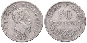 SAVOIA - Vittorio Emanuele II Re d'Italia (1861-1878) - 50 Centesimi 1863 T Valore Pag. 529; Mont. 216 AG 
qBB/BB