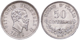 SAVOIA - Vittorio Emanuele II Re d'Italia (1861-1878) - 50 Centesimi 1867 M Valore Pag. 531; Mont. 221 AG 
FDC/qFDC