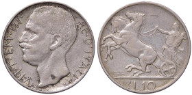 SAVOIA - Vittorio Emanuele III (1900-1943) - 10 Lire 1927 ** Biga Pag. 692a; Mont. 90 AG Asse ruotato e parte della data ribattuta - Asse ruotato e pa...