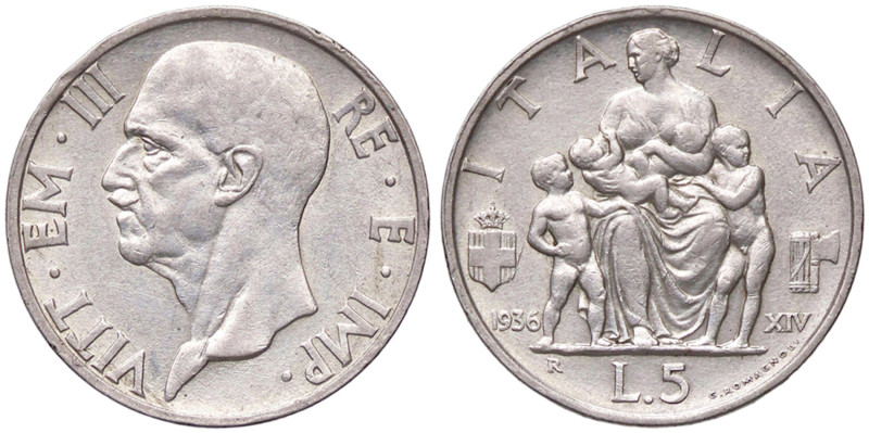 SAVOIA - Vittorio Emanuele III (1900-1943) - 5 Lire 1936 XIV Fecondità Pag. 719;...