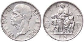 SAVOIA - Vittorio Emanuele III (1900-1943) - 5 Lire 1937 XV Fecondità Pag. 720; Mont. 134 R AG 
qSPL