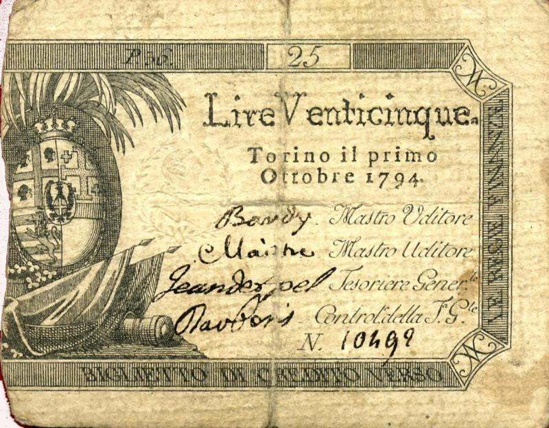 CARTAMONETA - SARDO-PIEMONTESE - Regie Finanze - 25 Lire 01/10/1794 - 1° tipo Ga...