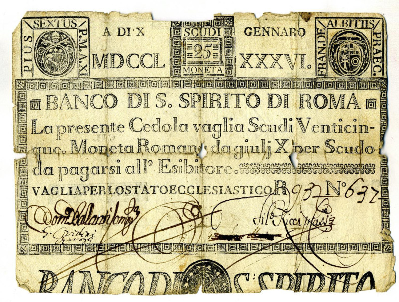 CARTAMONETA - STATO PONTIFICIO - Banco di S. Spirito di Roma (1786-1796) da 25 s...