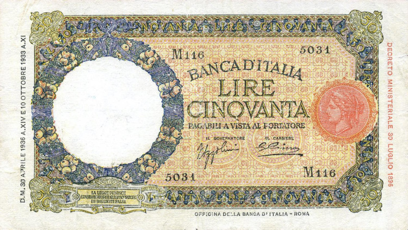 CARTAMONETA - BANCA d'ITALIA - Vittorio Emanuele III (1900-1943) - 50 Lire - Lup...