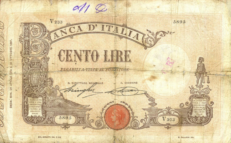 CARTAMONETA - BANCA d'ITALIA - Vittorio Emanuele III (1900-1943) - 100 Lire - Ba...