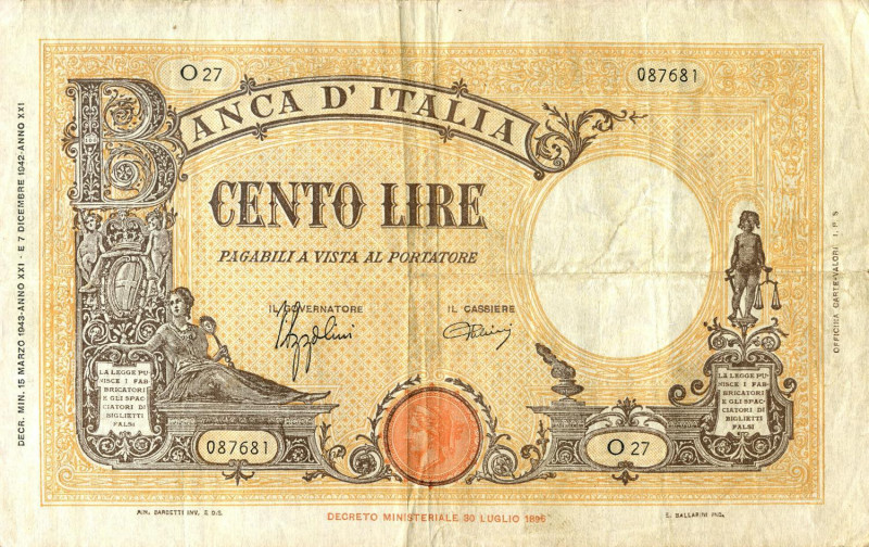 CARTAMONETA - BANCA d'ITALIA - Vittorio Emanuele III (1900-1943) - 100 Lire - Ba...