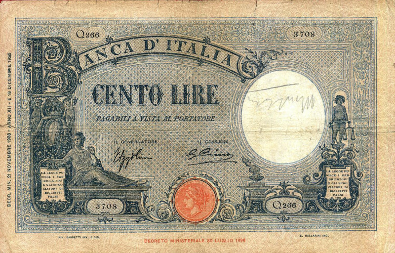 CARTAMONETA - BANCA d'ITALIA - Vittorio Emanuele III (1900-1943) - 100 Lire - Ba...