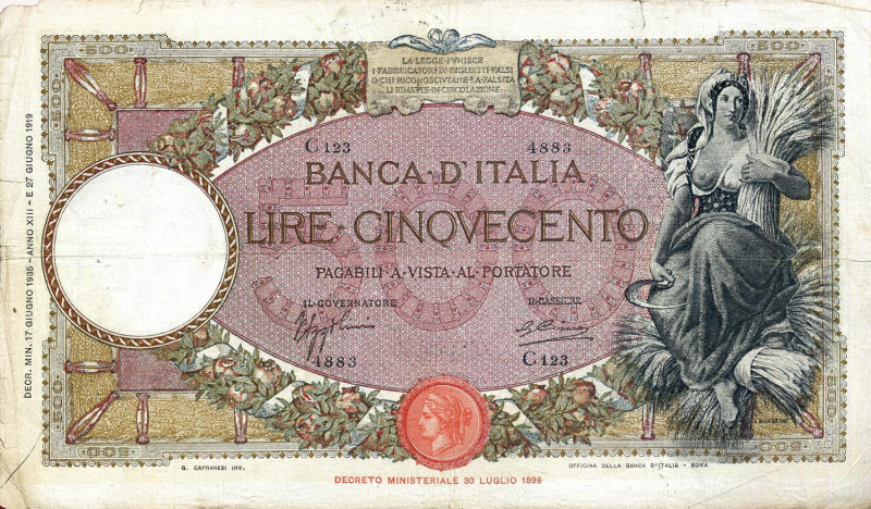 CARTAMONETA - BANCA d'ITALIA - Vittorio Emanuele III (1900-1943) - 500 Lire - Ca...