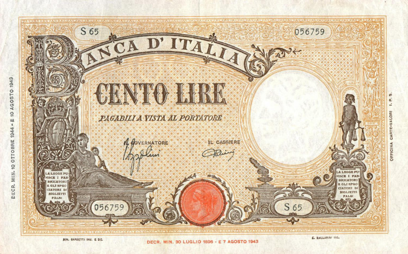 CARTAMONETA - BANCA d'ITALIA - Luogotenenza (1944-1946) - 100 Lire - Barbetti 10...