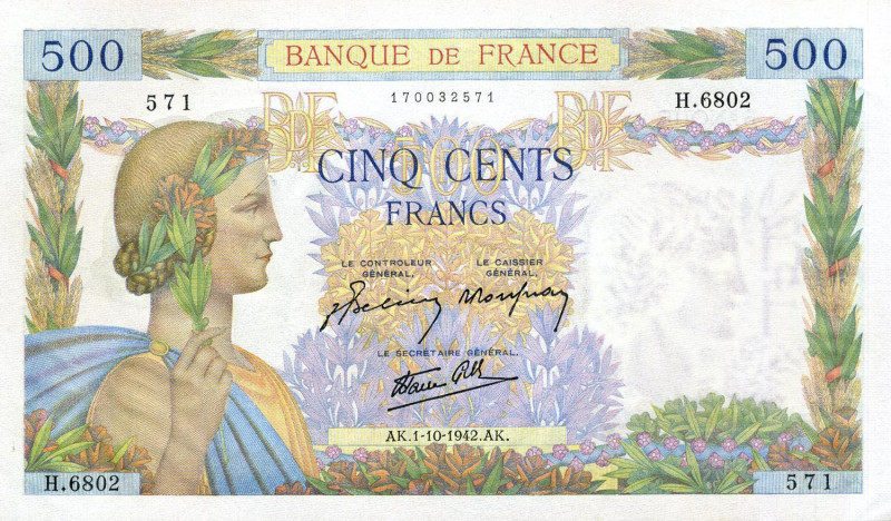 CARTAMONETA ESTERA - FRANCIA - Governo di Vichy (1940-1944) - 500 Franchi 01/10/...