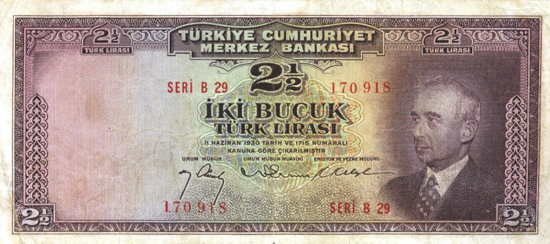 CARTAMONETA ESTERA - TURCHIA - Repubblica - 2,5 Lira 1930 
meglio di MB