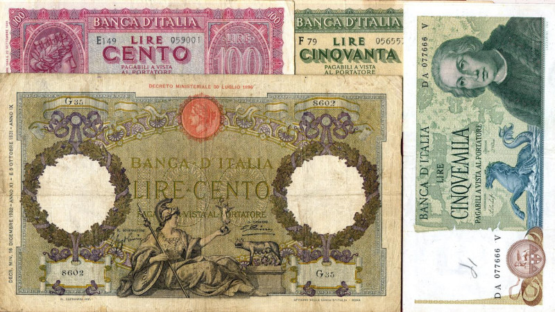 LOTTI - Cartamoneta-Italiana 100 lire 1932, 50 e 10 lire 1944, 5000 lire 1977 - ...