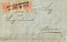 FILATELIA - ANTICHI STATI - LOMBARDO VENETO - Antichi Stati 1850 - 15 Cent. In striscia di tre su frontespizio di lettera in partenza da Dongo per Par...