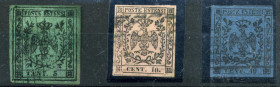 FILATELIA - ANTICHI STATI - MODENA - Antichi Stati 1852 - Cent. 5, 10 e 40 - Aquila estense - (1, 6 e 9) - 10 Cent. Con punto dopo la cifra - Cat. 100...